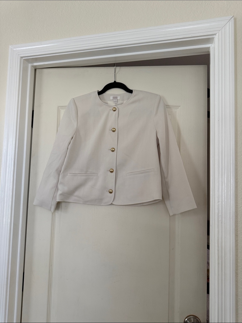 Women's Cream Collarless Blazer with Gold Buttons
